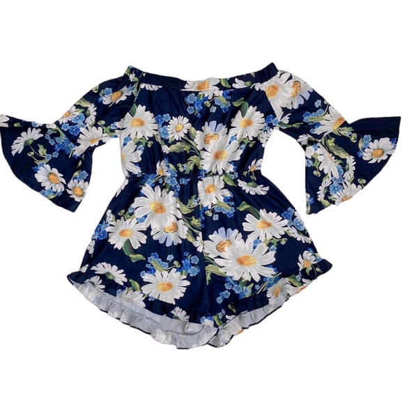 Pants - NWOT Dark Blue Off The Shoulder 3/4 Sleeve Ruffle Hem Floral Print Romper Size L